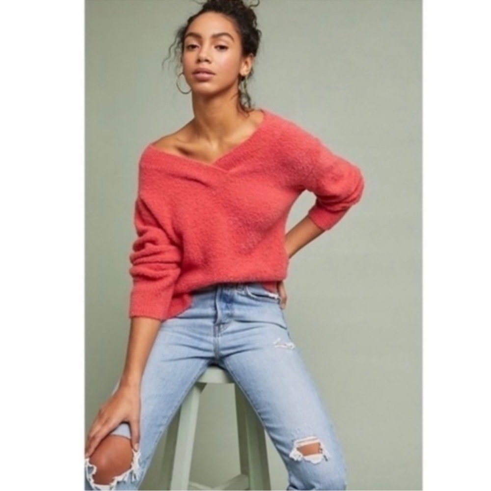 Anthropologie Women's ALPACA WOOL Coral Crossover V Neck Cozy Knit Sweater